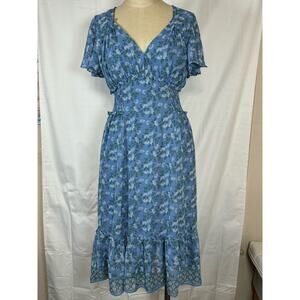 Max Studio Floral Midi Short Sleeve Blue Dress V Neck Flowy Women’s Size Medium